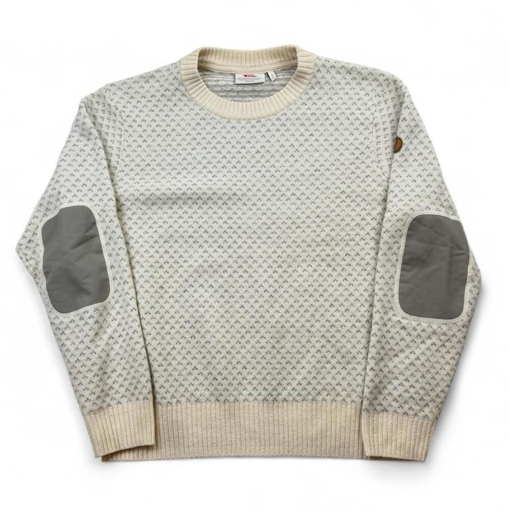 Nordic Fjallraven Sweater Cream Gray Knit Elbow Patch Crewneck Sz XL